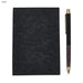 Falby Notebook and Pen Gift Set - A black notebook and a black pen with a wooden accent, featuring a logo on the pen.