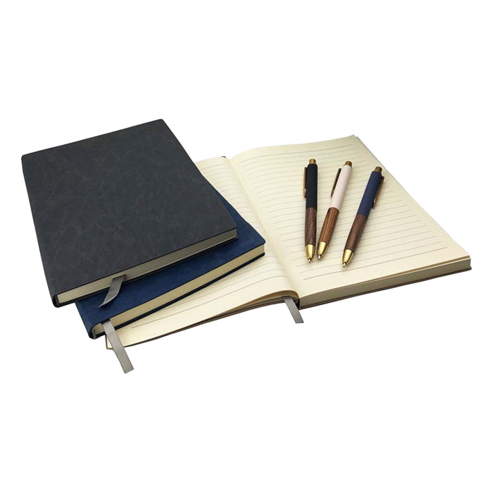 Falby Notebook and Pen Gift Set - A set of two notebooks in dark blue and black, accompanied by three pens with wooden and metallic accents.