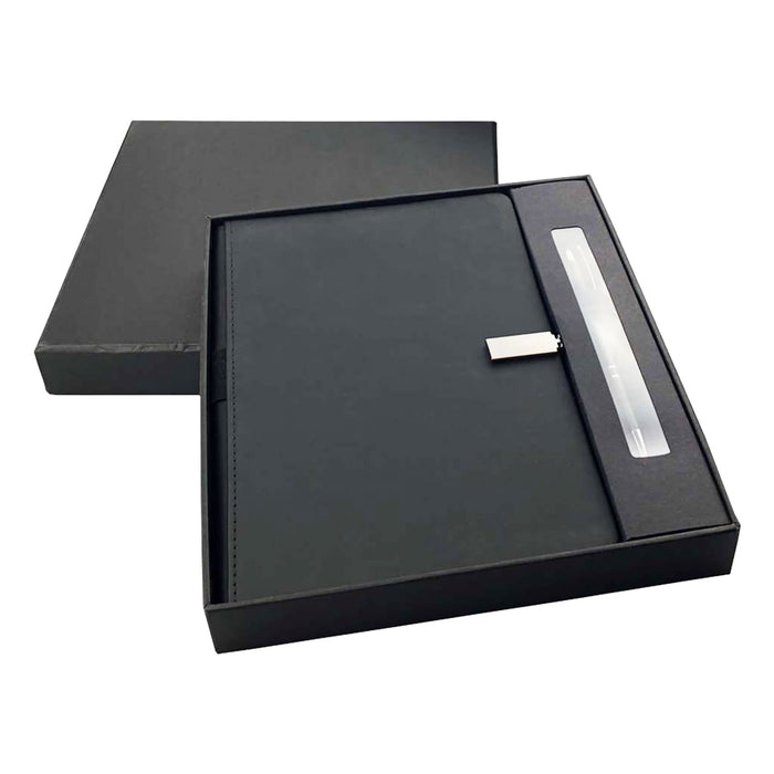 Derly Notebook and Pen Gift Set - A black notebook and pen gift set presented in a sleek black box, featuring a stylish closure and an accompanying pen.