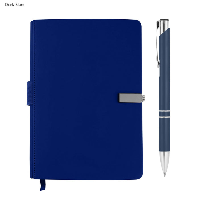 Derly Notebook and Pen Gift Set - A dark blue notebook with a silver clasp and a matching pen, featuring a sleek design and branding logo.