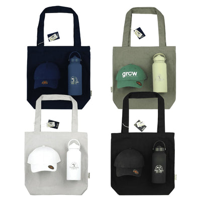 Summer Essentials Pack - A tote bag in various colours with a drink bottle and caps, featuring logos on the bottle and caps.