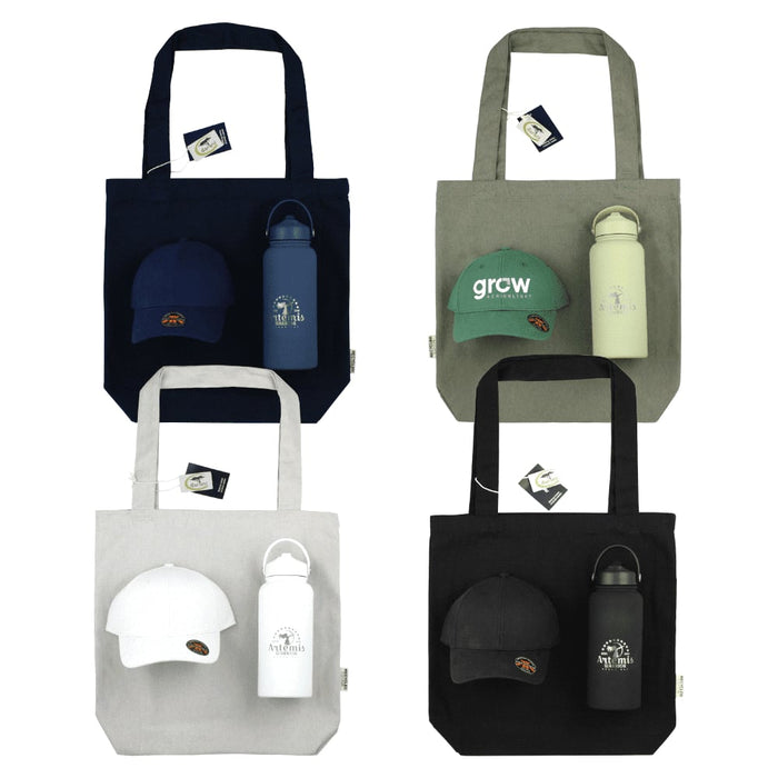 Summer Essentials Pack - A tote bag in various colours with a drink bottle and caps, featuring logos on the bottle and caps.