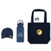 Summer Essentials Pack - A navy blue tote bag, water bottle, and cap featuring a logo and a tropical design.