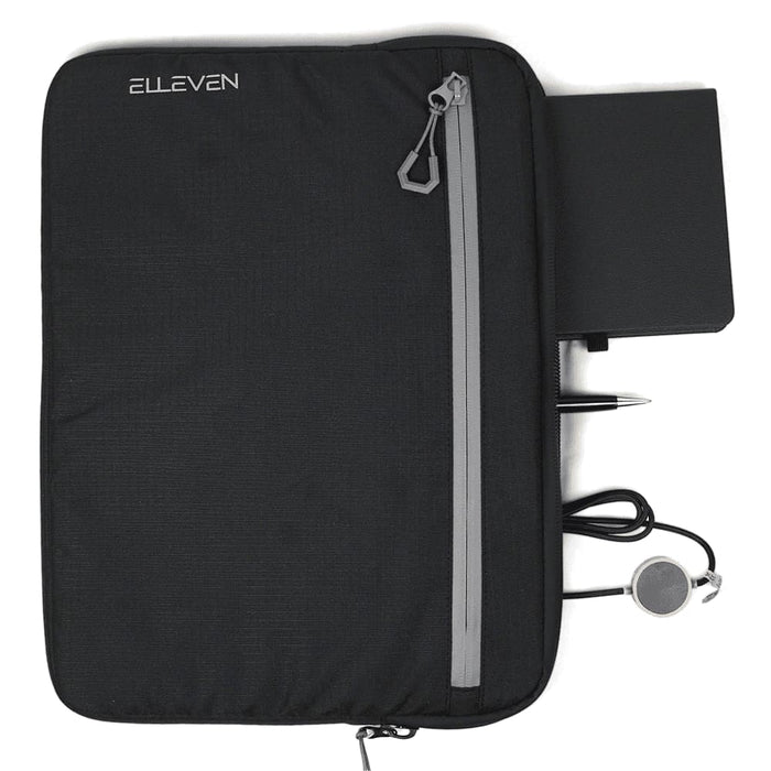 Work Essentials Pack - A black organiser featuring a zip pocket, a notebook, a pen, and a cord for headphones. It has a logo.