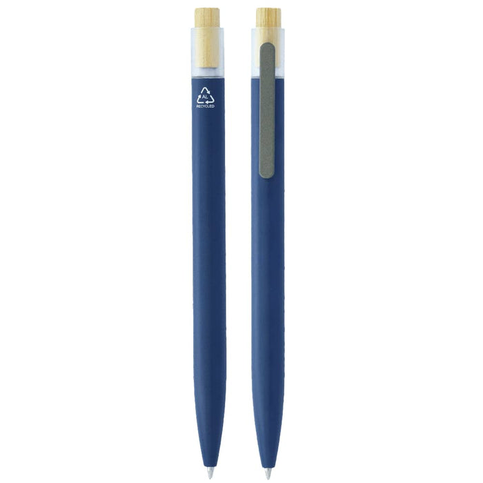 Lifestyle Essentials Pack - A set of two blue pens with bamboo accents, featuring a logo on one pen.