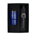 Umbrella & Tumbler Gift Set - A drink bottle and tumbler in navy blue, packaged together in a black gift box with a logo.