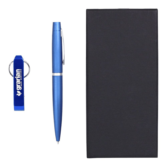 Chicago Pen & Bottle Opener Keyring Gift Set - A blue pen and a blue keyring bottle opener, accompanied by a black gift box. The keyring has a logo.