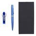 Chicago Pen & Bottle Opener Keyring Gift Set - A blue pen and a blue keyring bottle opener, accompanied by a black gift box. The keyring has a logo.