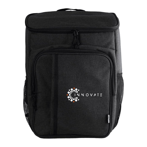 Picnic Pack - A black backpack with a front pocket, mesh side pockets, and a logo on the front.