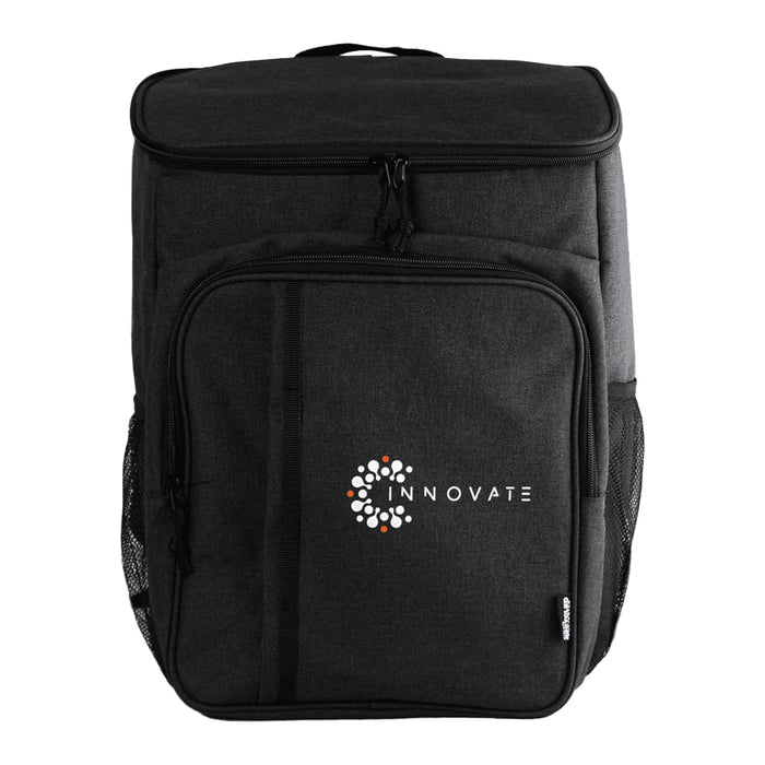 Picnic Pack - A black backpack with a front pocket, mesh side pockets, and a logo on the front.