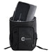 Picnic Pack - A black backpack with a large compartment containing a grey picnic blanket and an emblem on the front.