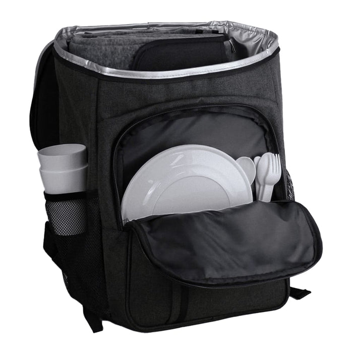 Picnic Pack - A grey insulated backpack with a plate, cutlery, and cups stored inside. Features side pockets and a logo.