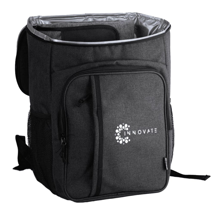 Picnic Pack - A grey picnic backpack with a spacious interior, zippered compartments, and a logo on the front.
