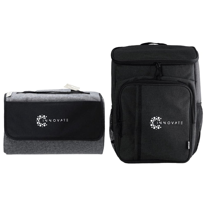 Picnic Pack - A grey picnic blanket and a black cooler bag, both featuring a logo.