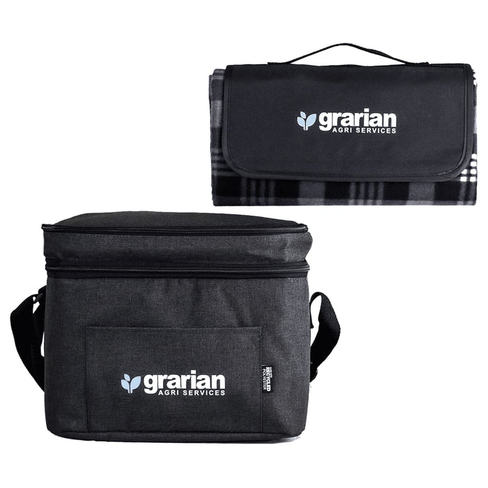 Outdoor Pack - A black insulated cooler bag with a matching picnic blanket, featuring a logo on the front.