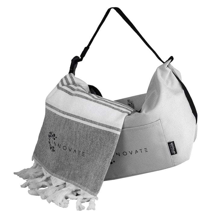 Towel & Cooler Bundle Pack - A towel with tassels and a cooler bag in grey and white, featuring a logo on both items.