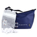 Towel & Cooler Bundle Pack - A navy cooler bag with a logo, accompanied by a grey and white towel, both neatly arranged.