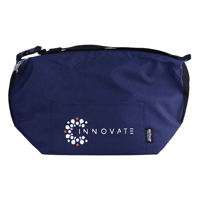 Towel & Cooler Bundle Pack - A navy cooler bag with a logo, featuring a zip closure and a shoulder strap for easy carrying.