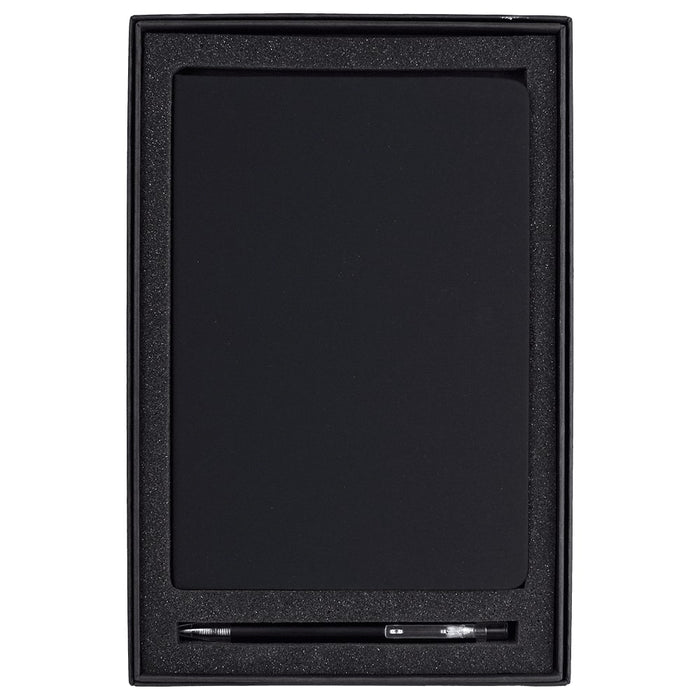 Spectrum Recycled JournalBook & Pen Giftset - A black recycled journal and pen set in a sleek black gift box, featuring an interior foam lining and a logo.