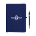 Spectrum Recycled JournalBook & Pen Giftset - A navy blue journal with an elastic closure, accompanied by a matching pen. The journal features a logo.