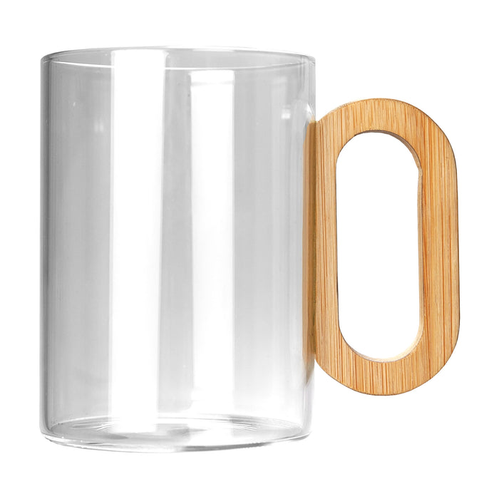 Villa Glass Coffee Cup - A transparent glass coffee cup with a bamboo handle, featuring a simple and elegant design.