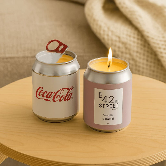 Mini East 42nd Street Can Candle - A collection of six candle boxes in various pastel colours, with a silver can candle among them. Each box has a logo.
