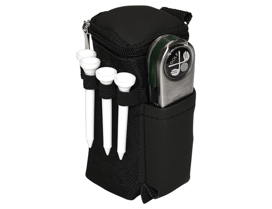 Tournament Golf Pack - A black golf accessory pack featuring a zippered bag, tees, and a golf gadget with a logo.