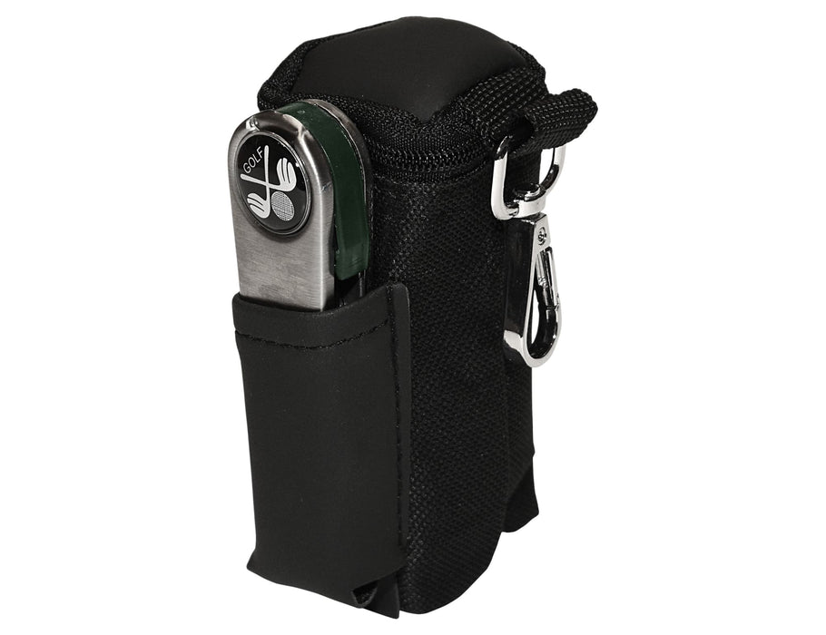 Tournament Golf Pack - A black pouch with a clip, featuring a golf tool and a pocket, ideal for golfers. It has a logo on the front.