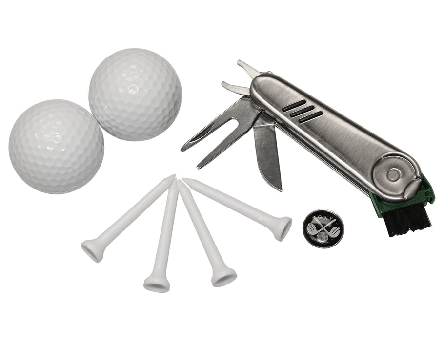 Tournament Golf Pack - A grey multi-tool, two white golf balls, four white tees, and a brush with a logo.