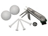 Tournament Golf Pack - A grey multi-tool, two white golf balls, four white tees, and a brush with a logo.