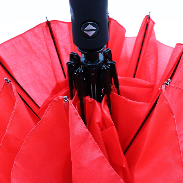 Poppins Umbrella - A red umbrella with a black handle and a logo, featuring multiple panels.