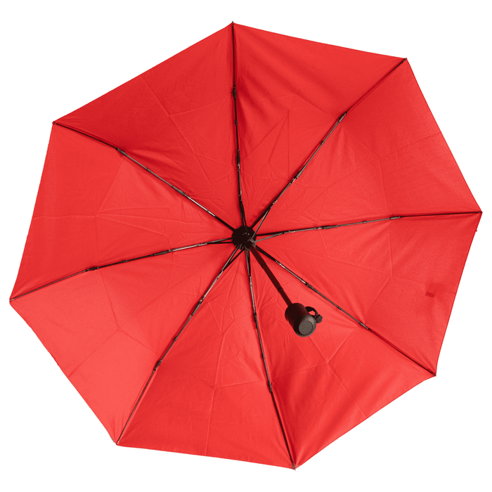 Poppins Umbrella - A red umbrella with a rounded handle and a sturdy frame, featuring an internal structure. It includes a logo.