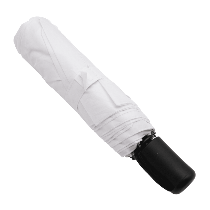 Poppins Umbrella - A collapsible white umbrella with a black handle, featuring a compact design for easy storage.