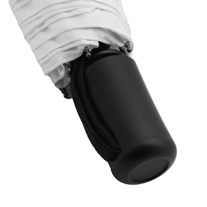 Poppins Umbrella - A black handle of a white umbrella, featuring a textured grip and a cord for carrying.