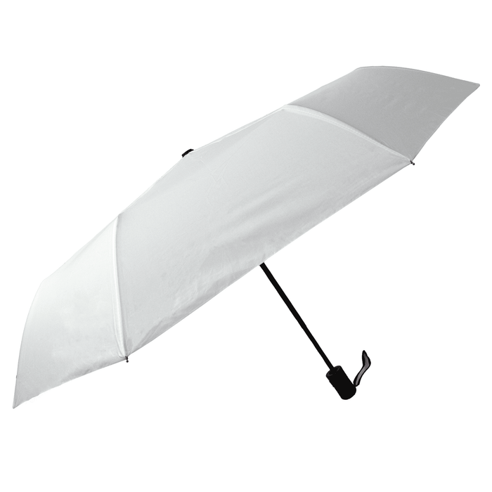 Poppins Umbrella - A white umbrella with a black handle features a logo on the canopy.