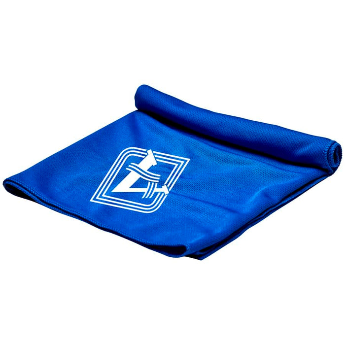 Cooling Towel - A blue cooling towel folded neatly with a logo printed on it.