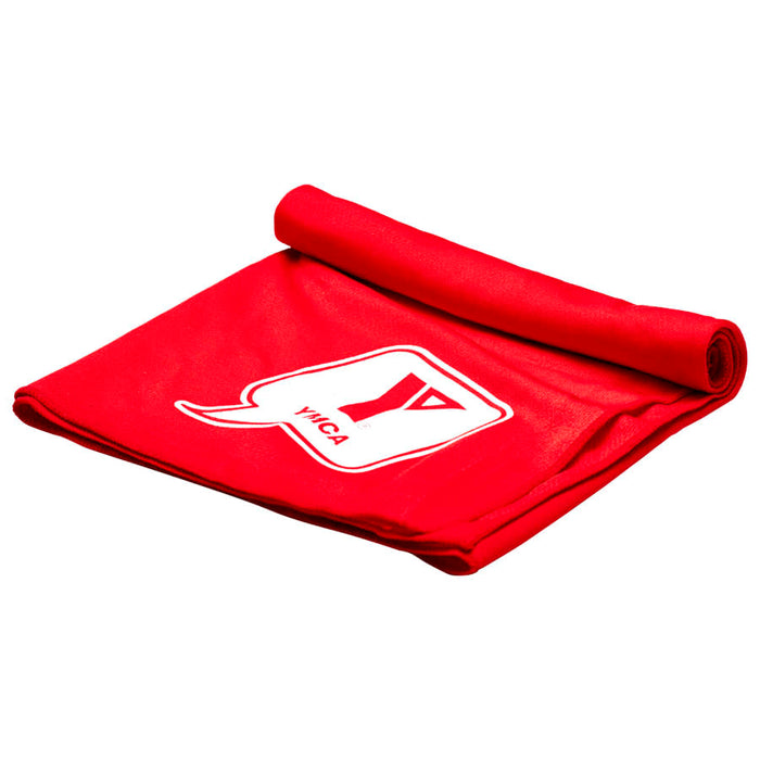 Cooling Towel - A red cooling towel neatly rolled up, featuring a logo. Ideal for leisure and outdoor activities.