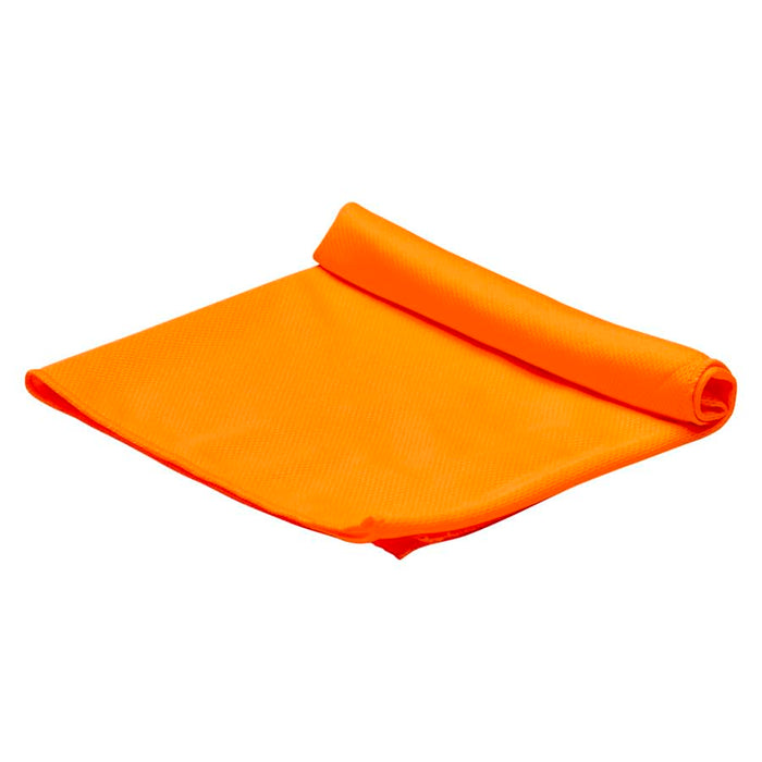 Cooling Towel - An orange cooling towel is neatly rolled up, featuring a textured surface. It has a logo on one side.