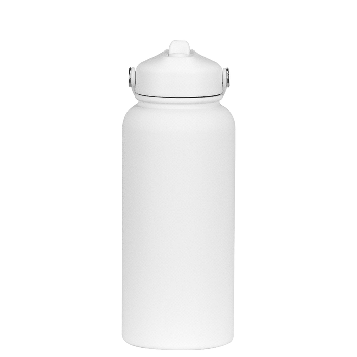 Festive Essentials Set - A white drink bottle with a screw-top lid and silver accents. It features a simple design and has a logo.