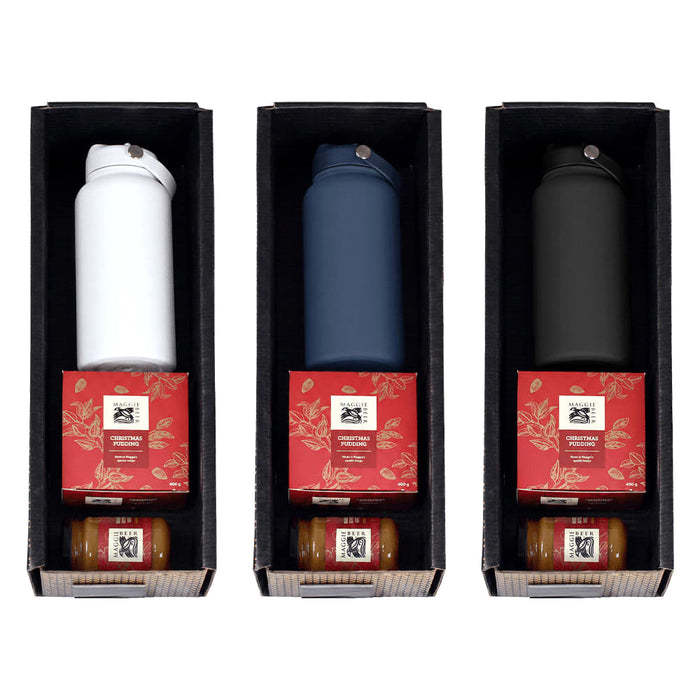 Festive Essentials Set - A drink bottle set featuring a white, navy, and black bottle, along with jars, presented in a decorative box.