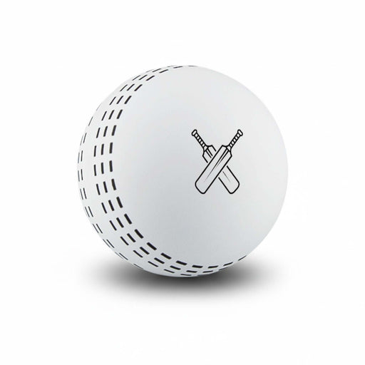 High Bounce Cricket Ball - A white cricket ball featuring a black logo of crossed bats, designed for high bounce.