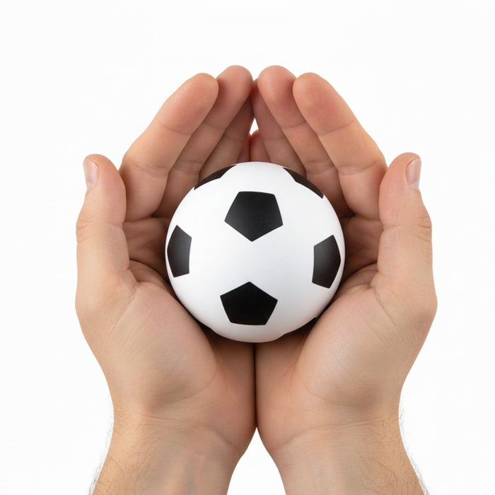 High Bounce Soccer Ball - A high bounce soccer ball in white with black pentagon panels, held in two hands.