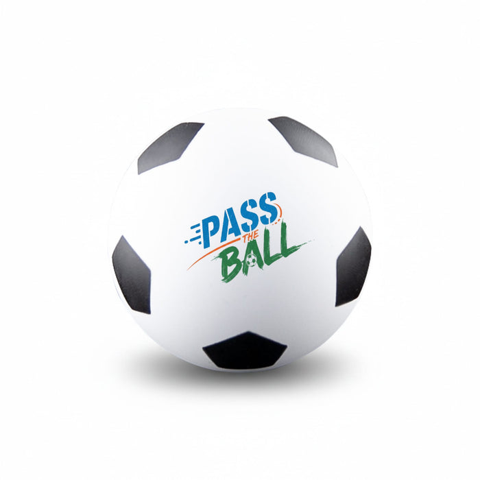 High Bounce Soccer Ball - A white high bounce soccer ball with black patches and a logo featuring the words "PASS THE BALL."