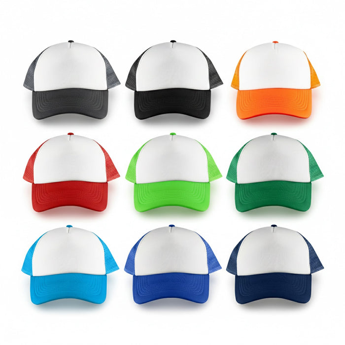 White Front 5 Panel Trucker Mesh Cap - A collection of ten trucker caps featuring a white front and various coloured mesh backs in grey, black, orange, red, green, blue, and navy.