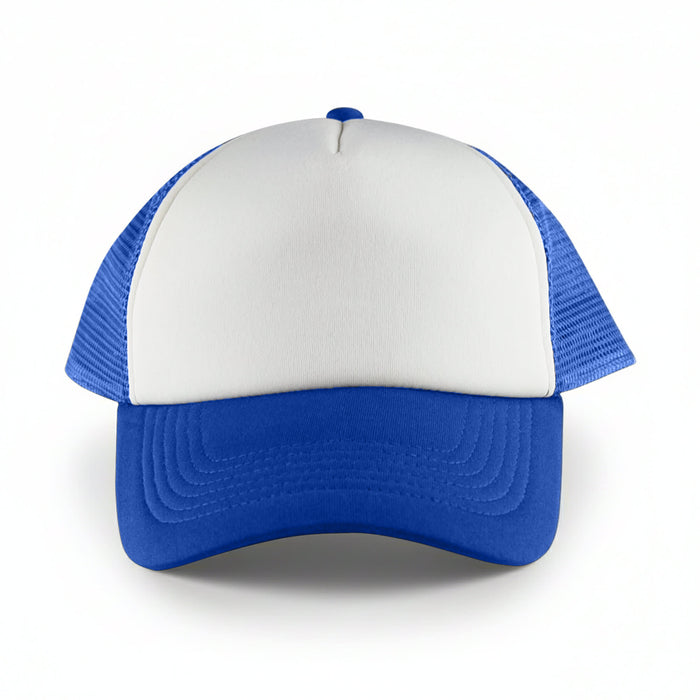 White Front 5 Panel Trucker Mesh Cap - A white front trucker mesh cap with a blue brim and blue mesh sides, featuring a logo.