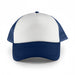 White Front 5 Panel Trucker Mesh Cap - A white and navy blue 5 panel trucker mesh cap featuring a structured front and mesh sides.