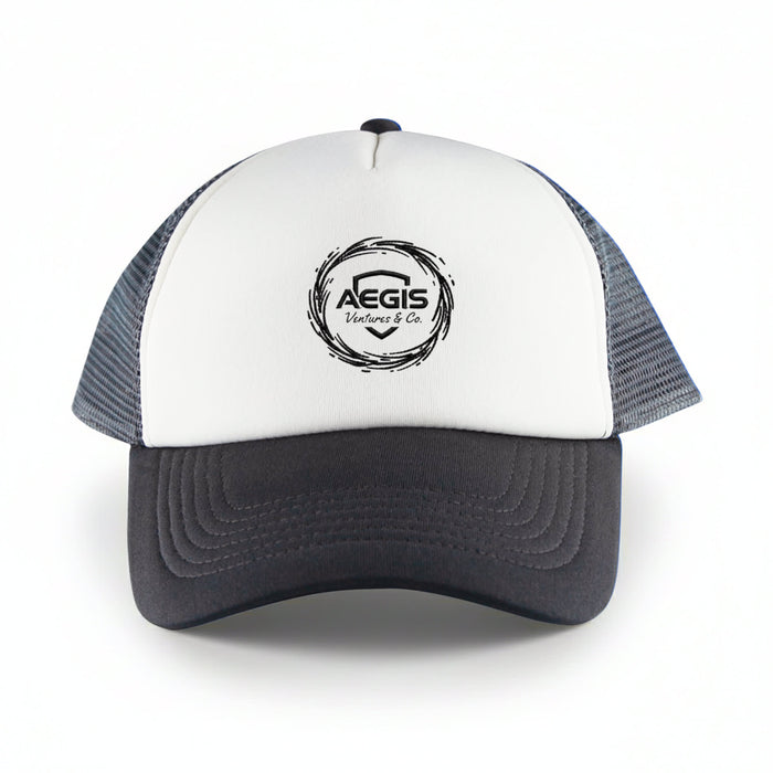 White Front 5 Panel Trucker Mesh Cap - A white and grey 5 panel trucker mesh cap with a logo on the front and a curved peak.