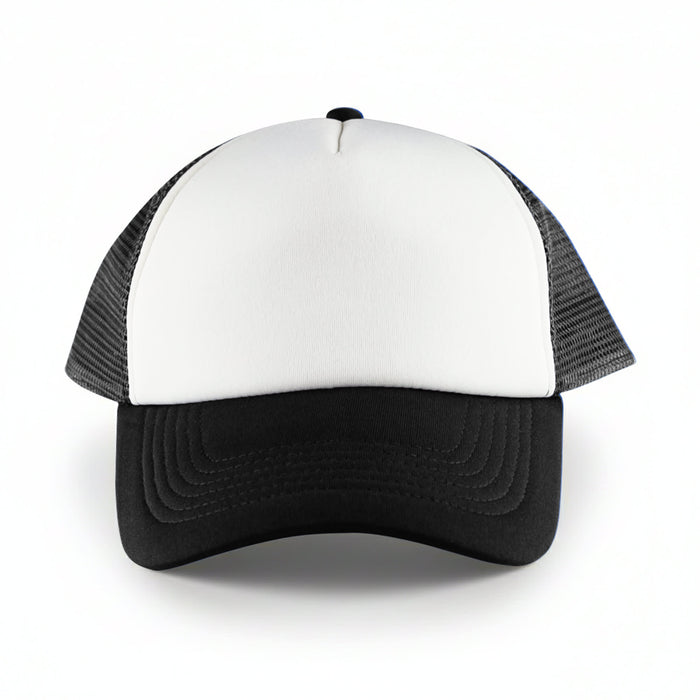 White Front 5 Panel Trucker Mesh Cap - A white front trucker cap with black peak and mesh grey sides, featuring a logo on the front.