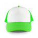White Front 5 Panel Trucker Mesh Cap - A trucker mesh cap featuring a white front and bright green visor and mesh sides, with a logo on the front.