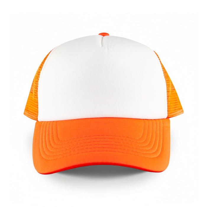 White Front 5 Panel Trucker Mesh Cap - A five-panel trucker cap featuring a white front and orange mesh sides and brim, complete with a logo.